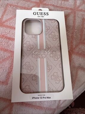 GUESS Pink and White Signature Stripe iPhone 13 Pro Max Case